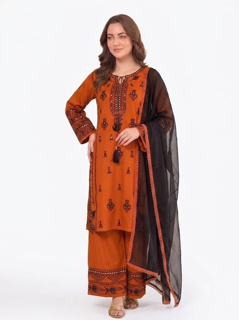 3-Piece Designer Rayon Suit – Embroidery & Paper Mirror Effect