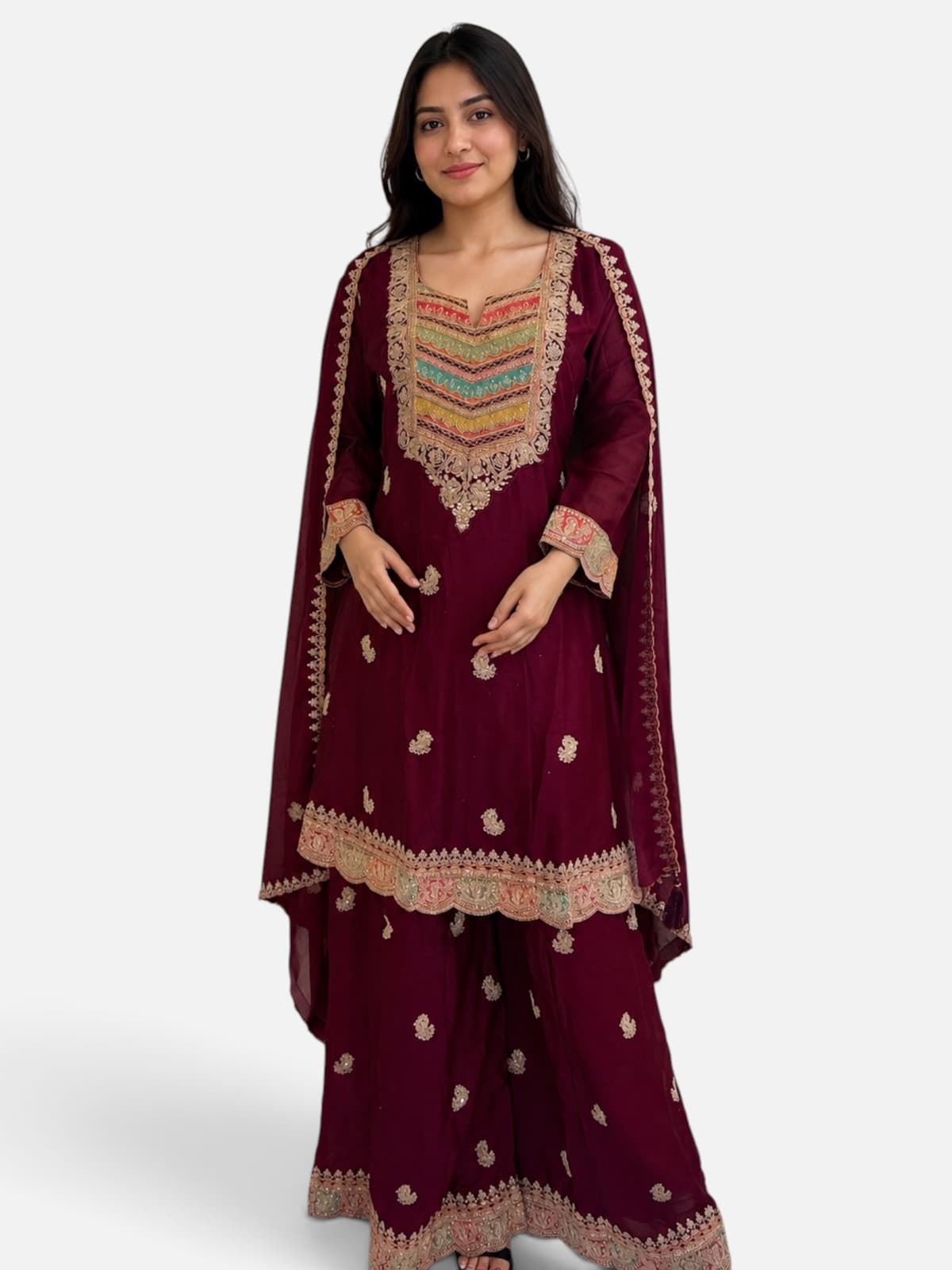 3-Piece Embroidered Anarkali Suit with Palazzo Pants & Zari Work