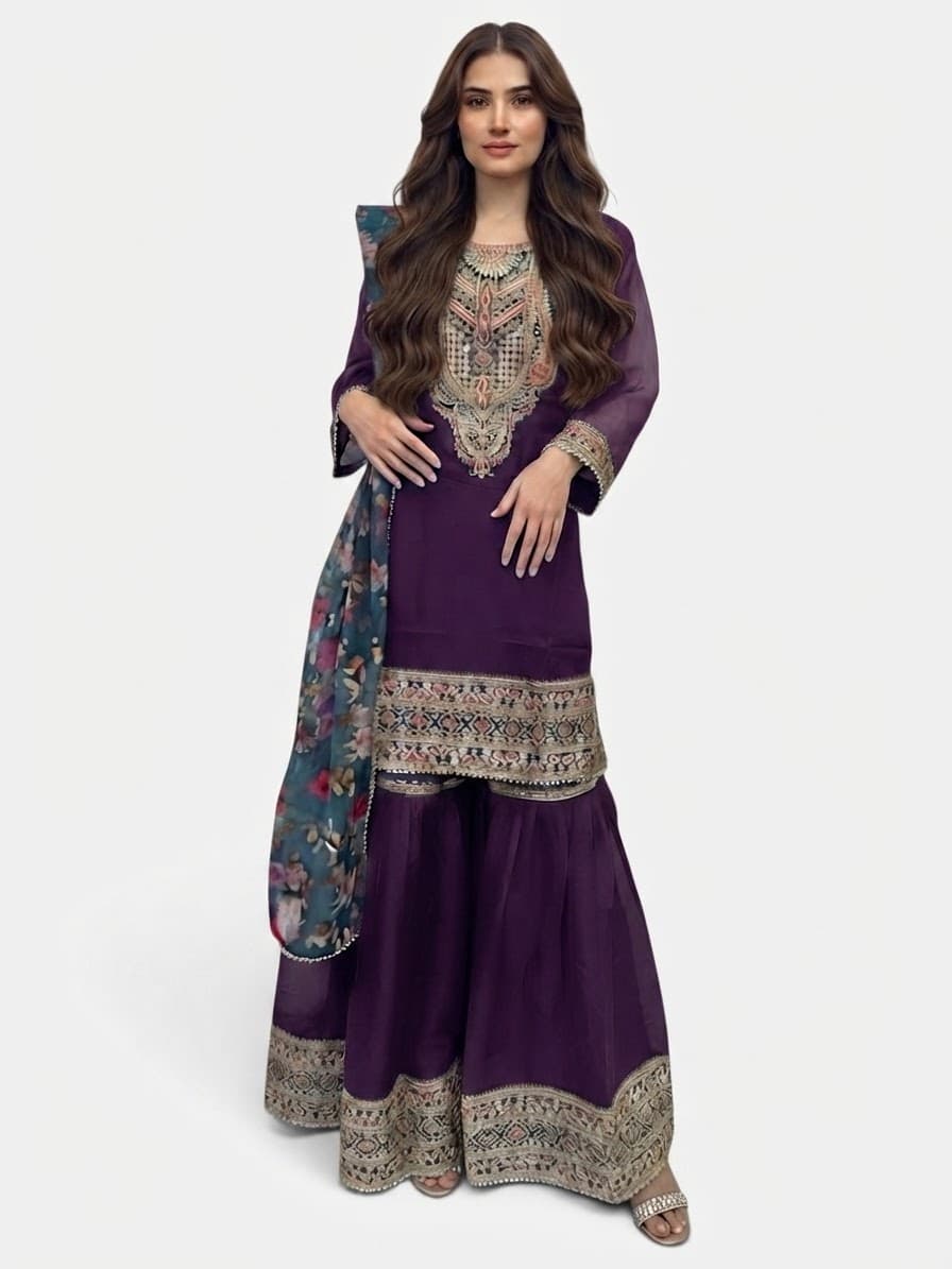 3-Piece Embroidered Sharara Suit with Zari Work