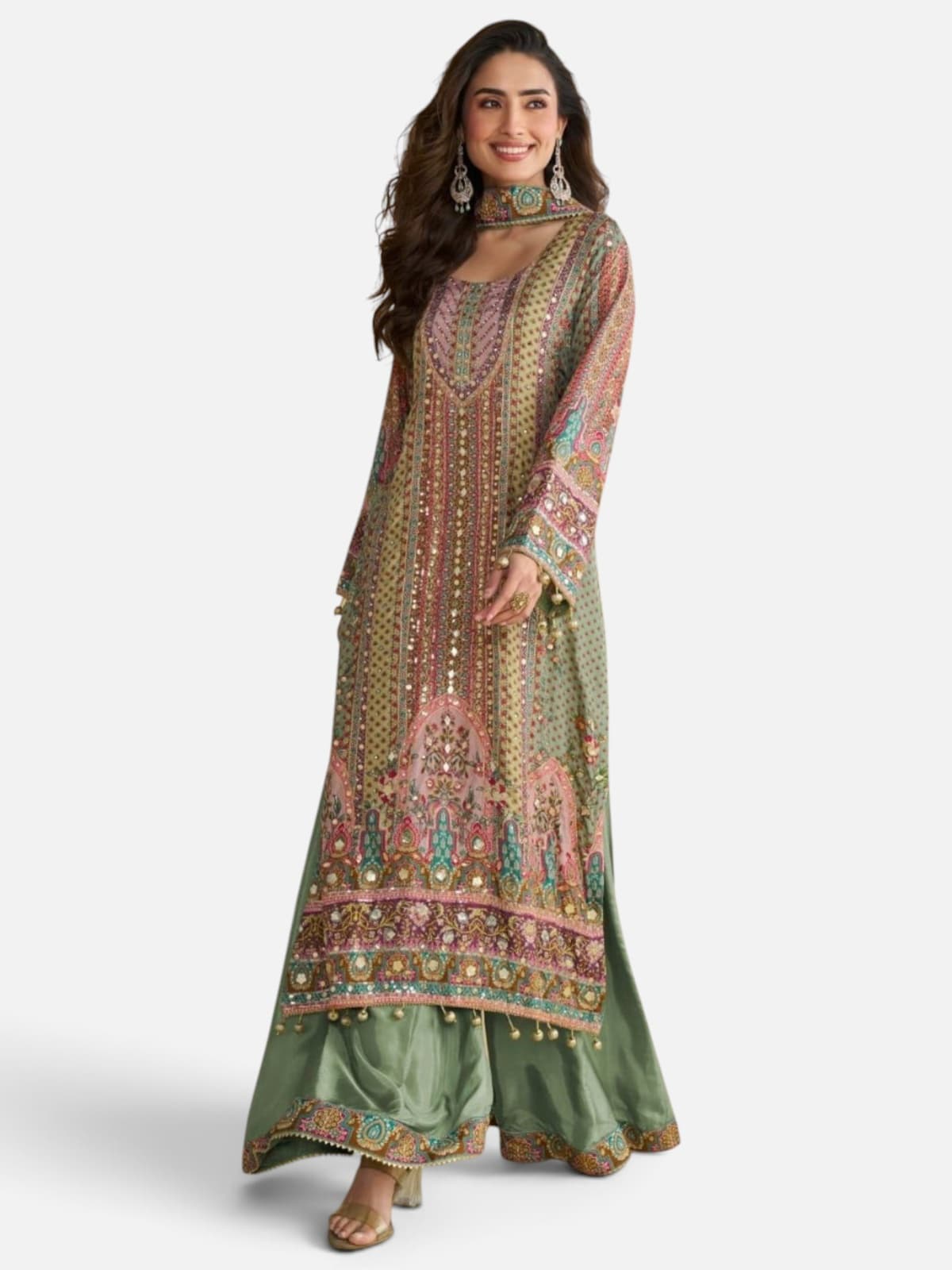 3-Piece Printed Party Wear Suit with Crystal & Pearls Work