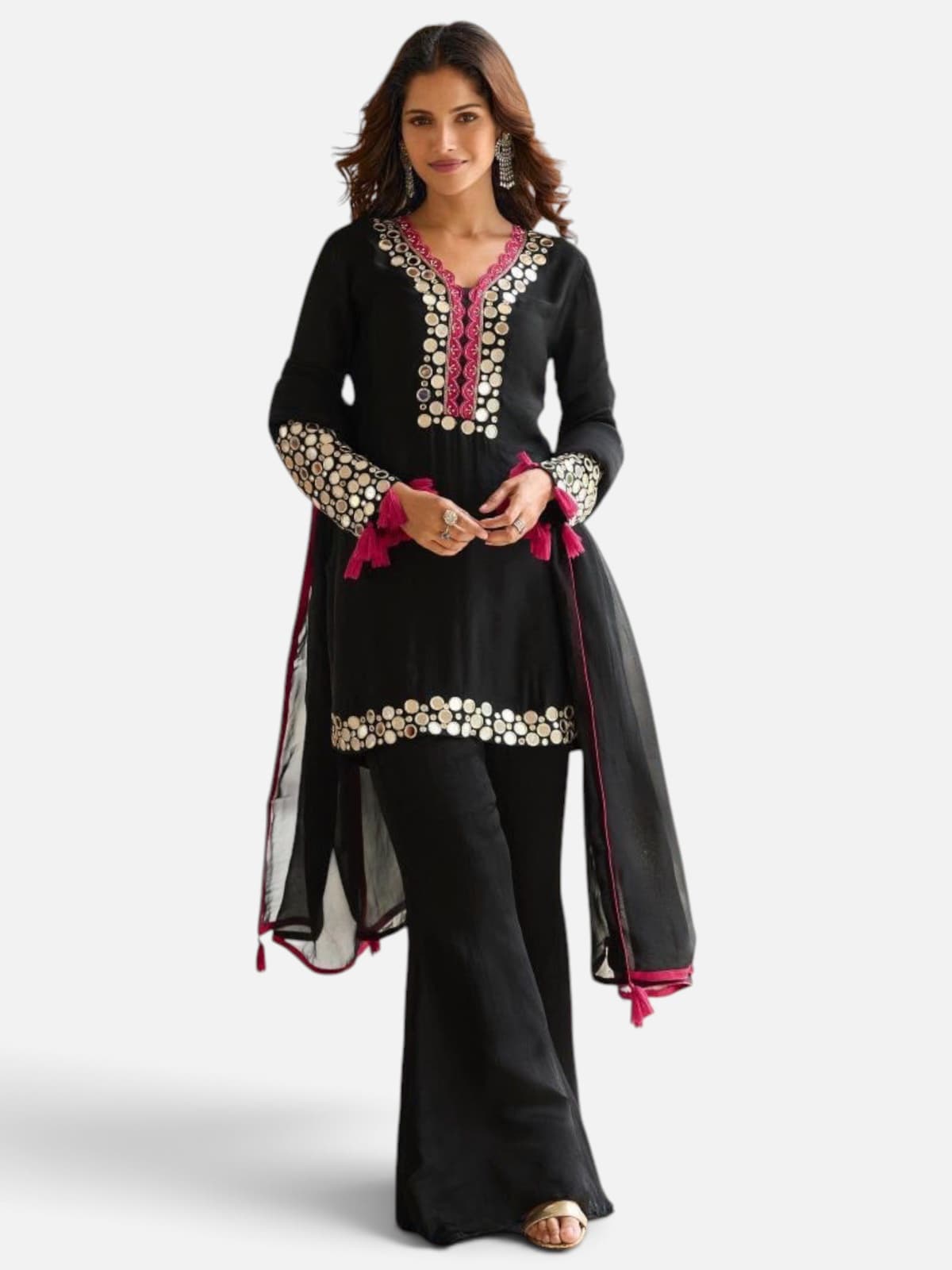 3-Piece Readymade Embroidered Suit with Hand Bead & Mirror Work