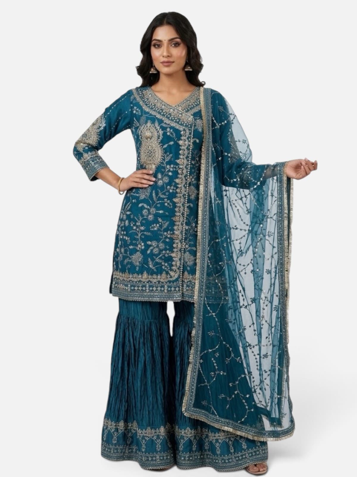 Elegant 3-Piece Chiffon Garara Suit with Embroidery, Hand Beadwork & Crystal Detailing