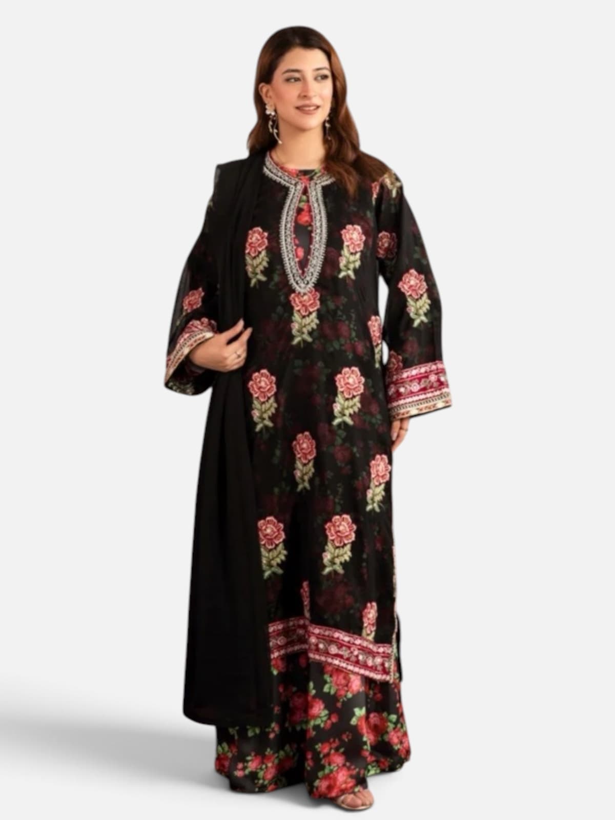Women’s Floral Printed 4-Piece Silk Co-Ord Set with Embellished Neckline, Palazzo Pants & Chiffon Dupatta