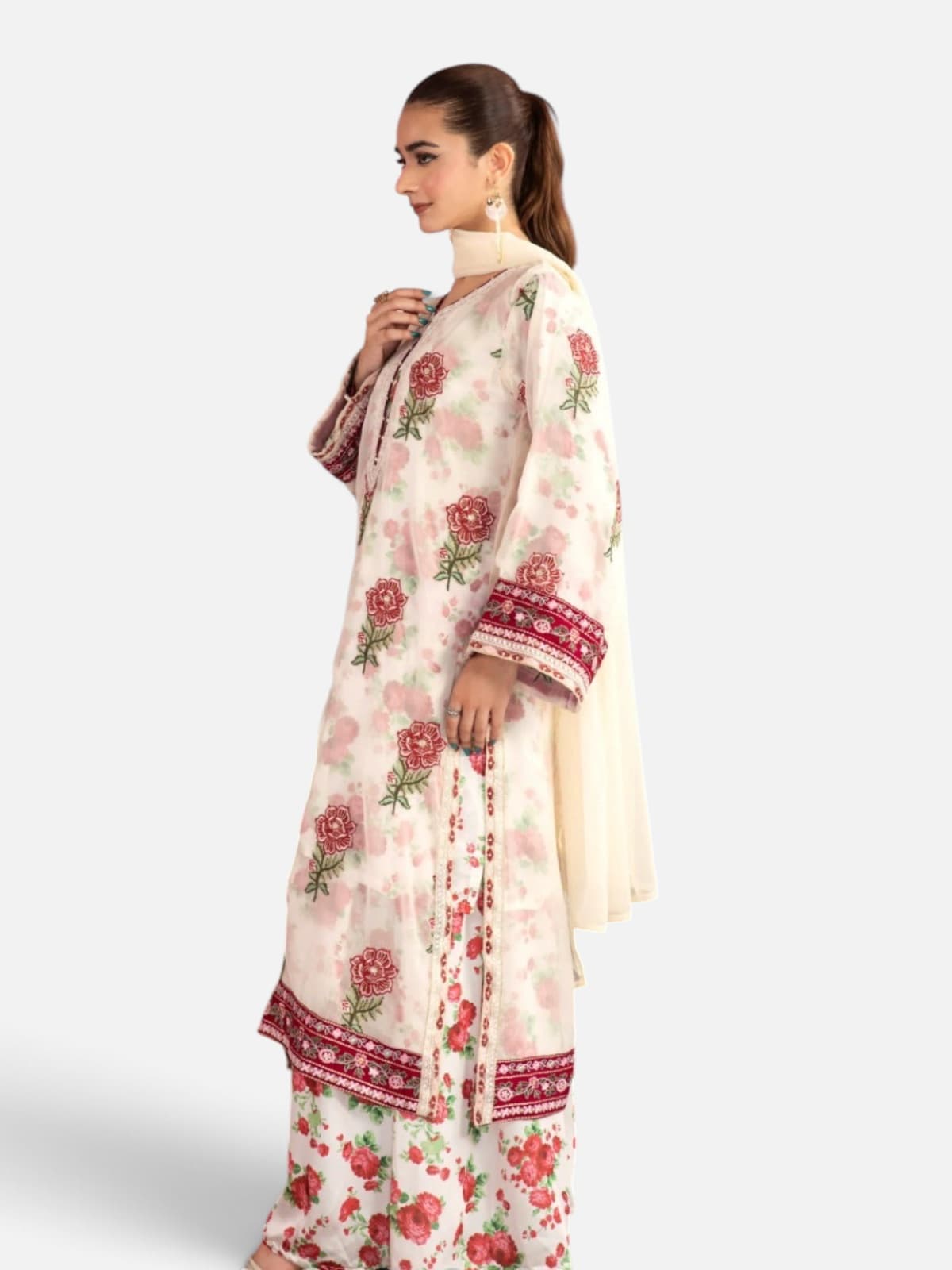 Women’s Floral Printed 4-Piece Silk Co-Ord Set with Embellished Neckline, Palazzo Pants & Chiffon Dupatta